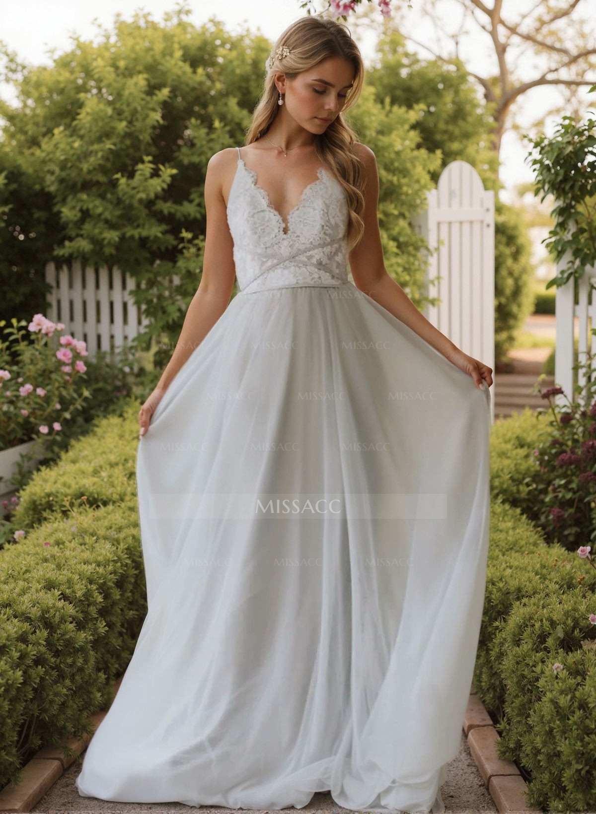 A-Line V-Neck Sleeveless Floor-Length Tulle Bridesmaid Dresses With Lace