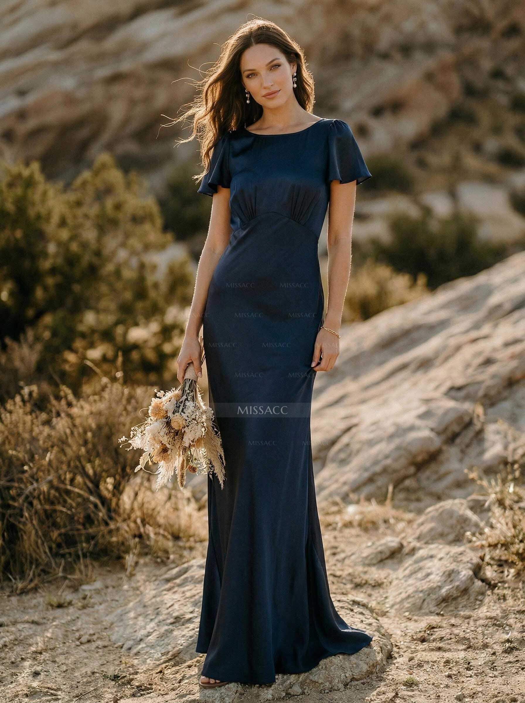 Sheath/Column Scoop Neck Short Sleeves Silk Like Satin Bridesmaid Dresses