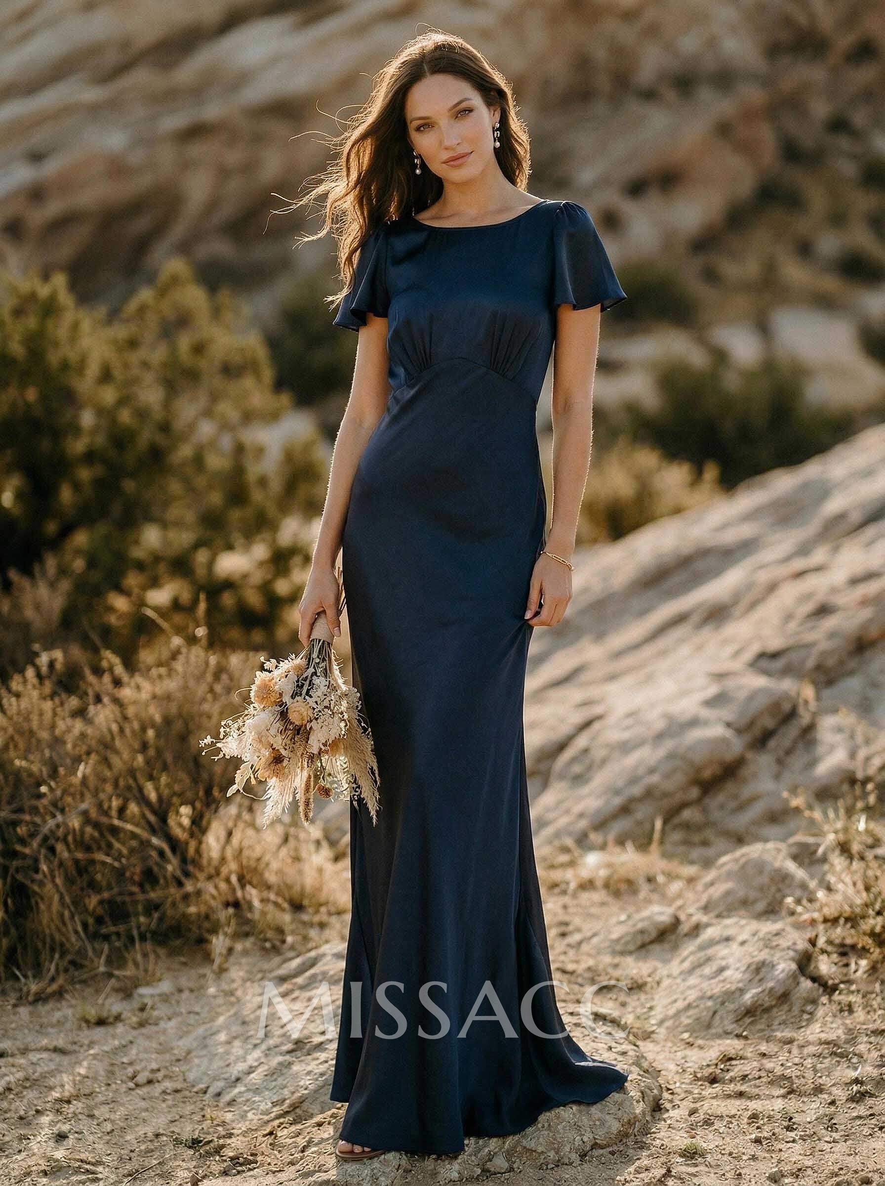 Sheath/Column Scoop Neck Short Sleeves Silk Like Satin Bridesmaid Dresses Sheath/Column Scoop Neck Short Sleeves Silk Like Satin Bridesmaid Dresses