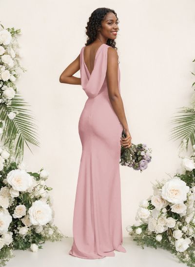 Sheath/Column Scoop Neck Sleeveless Elastic Satin Bridesmaid Dresses