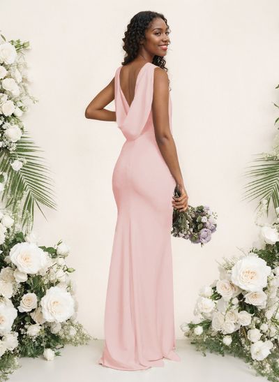 Sheath/Column Scoop Neck Sleeveless Elastic Satin Bridesmaid Dresses