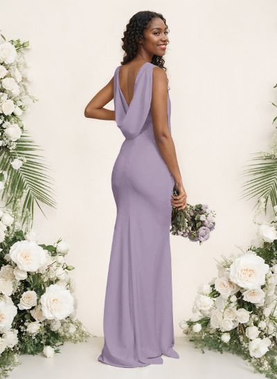 Sheath/Column Scoop Neck Sleeveless Elastic Satin Bridesmaid Dresses