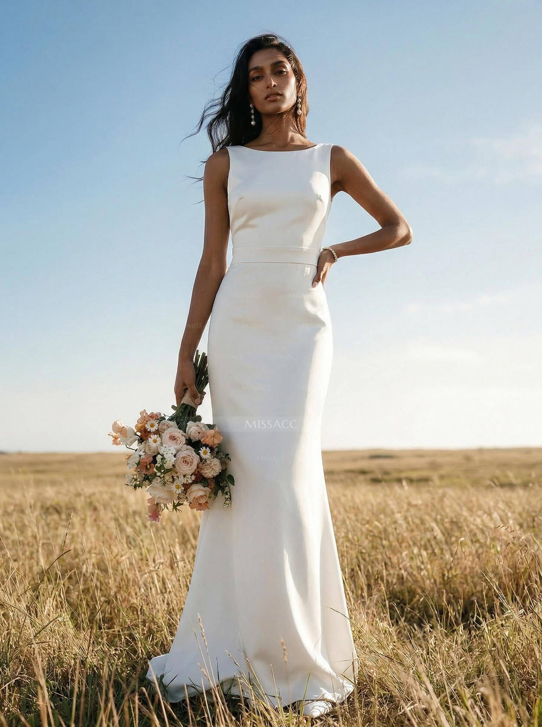 Sheath/Column Scoop Neck Sleeveless Elastic Satin Bridesmaid Dresses