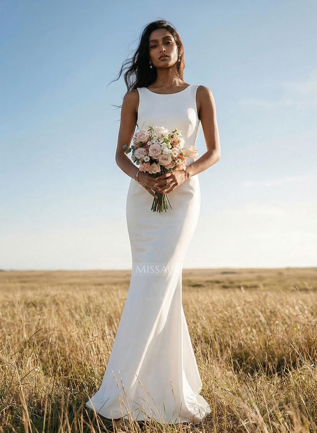 Sheath/Column Scoop Neck Sleeveless Elastic Satin Bridesmaid Dresses