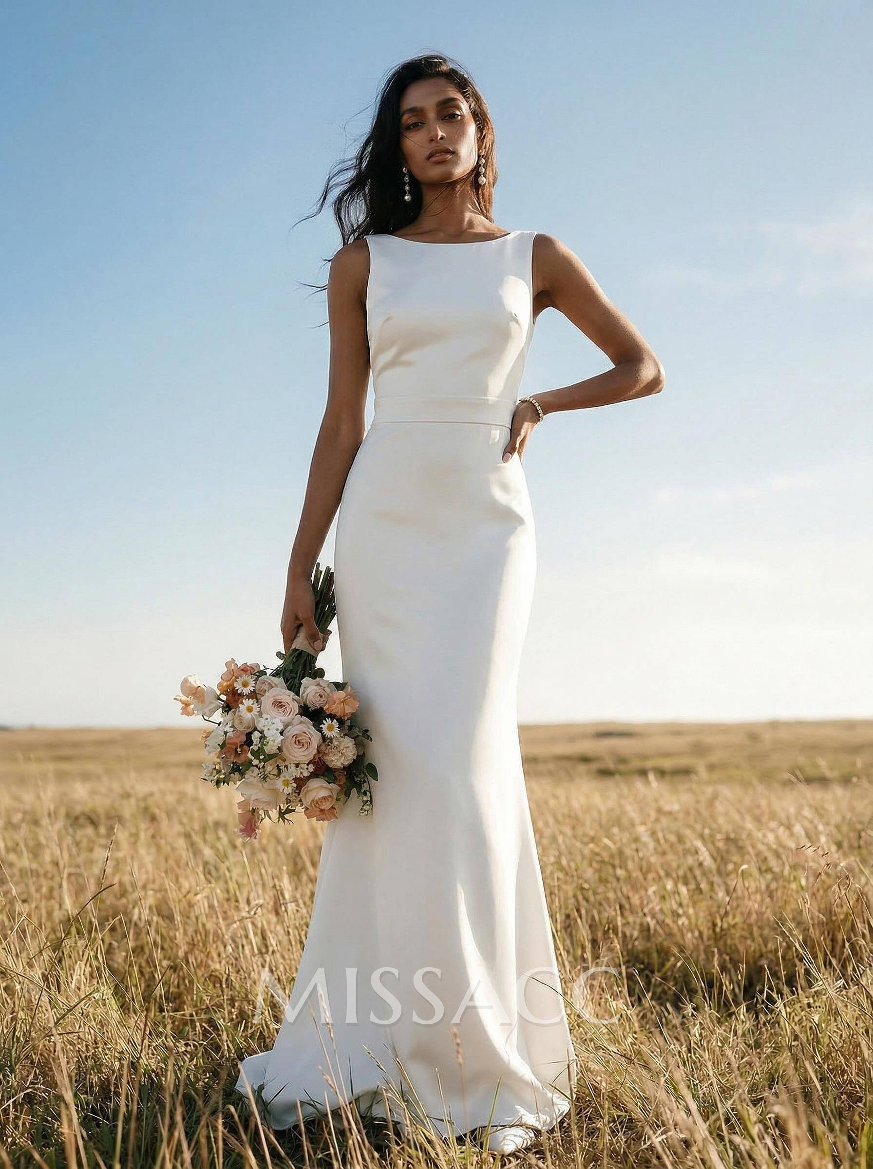 Sheath/Column Scoop Neck Sleeveless Elastic Satin Bridesmaid Dresses