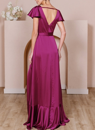 A-Line V-Neck Sleeveless Silk Like Satin Bridesmaid Dresses With High Split
