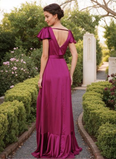 A-Line V-Neck Sleeveless Silk Like Satin Bridesmaid Dresses With High Split