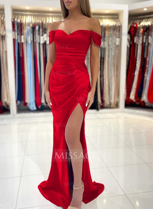 Trumpet/Mermaid Off-The-Shoulder Silk Like Satin Bridesmaid Dresses With Split Front