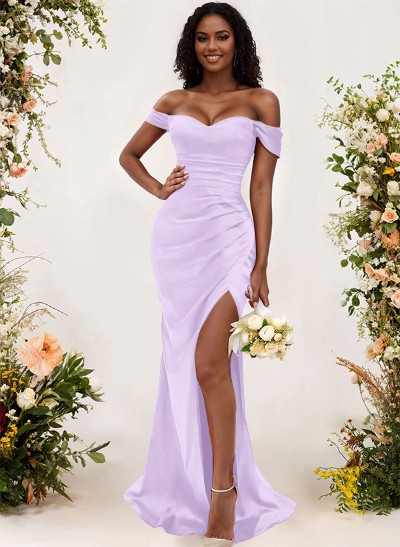 Trumpet/Mermaid Off-The-Shoulder Silk Like Satin Bridesmaid Dresses With Split Front