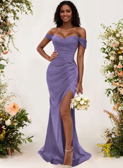 Trumpet/Mermaid Off-The-Shoulder Silk Like Satin Bridesmaid Dresses With Split Front