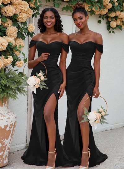 Trumpet/Mermaid Off-The-Shoulder Silk Like Satin Bridesmaid Dresses With Split Front