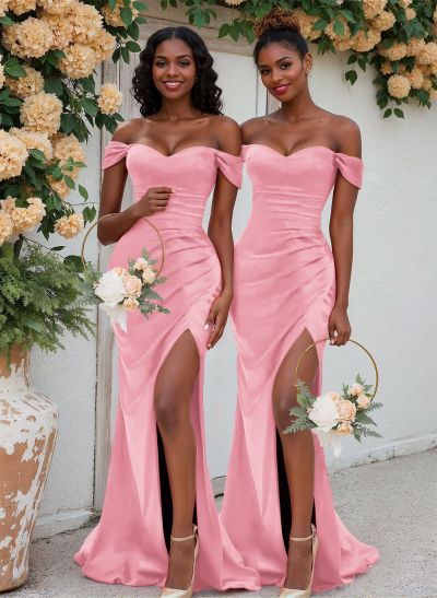 Trumpet/Mermaid Off-The-Shoulder Silk Like Satin Bridesmaid Dresses With Split Front