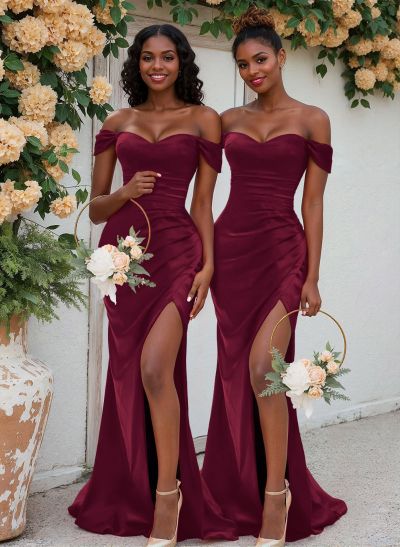 Trumpet/Mermaid Off-The-Shoulder Silk Like Satin Bridesmaid Dresses With Split Front