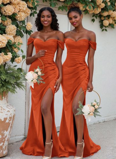 Trumpet/Mermaid Off-The-Shoulder Silk Like Satin Bridesmaid Dresses With Split Front