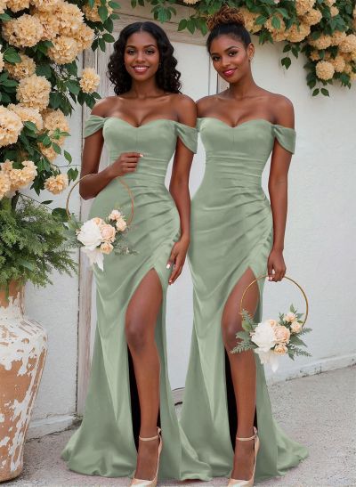 Trumpet/Mermaid Off-The-Shoulder Silk Like Satin Bridesmaid Dresses With Split Front