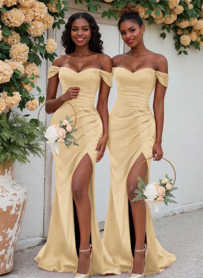 Trumpet/Mermaid Off-The-Shoulder Silk Like Satin Bridesmaid Dresses With Split Front