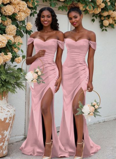 Trumpet/Mermaid Off-The-Shoulder Silk Like Satin Bridesmaid Dresses With Split Front