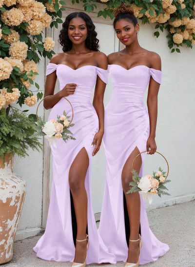 Trumpet/Mermaid Off-The-Shoulder Silk Like Satin Bridesmaid Dresses With Split Front