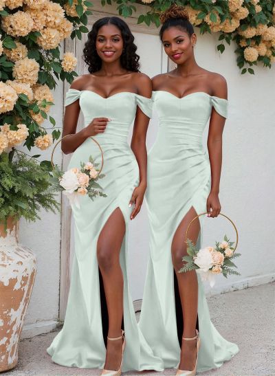 Trumpet/Mermaid Off-The-Shoulder Silk Like Satin Bridesmaid Dresses With Split Front