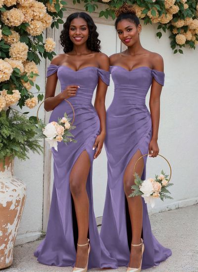 Trumpet/Mermaid Off-The-Shoulder Silk Like Satin Bridesmaid Dresses With Split Front