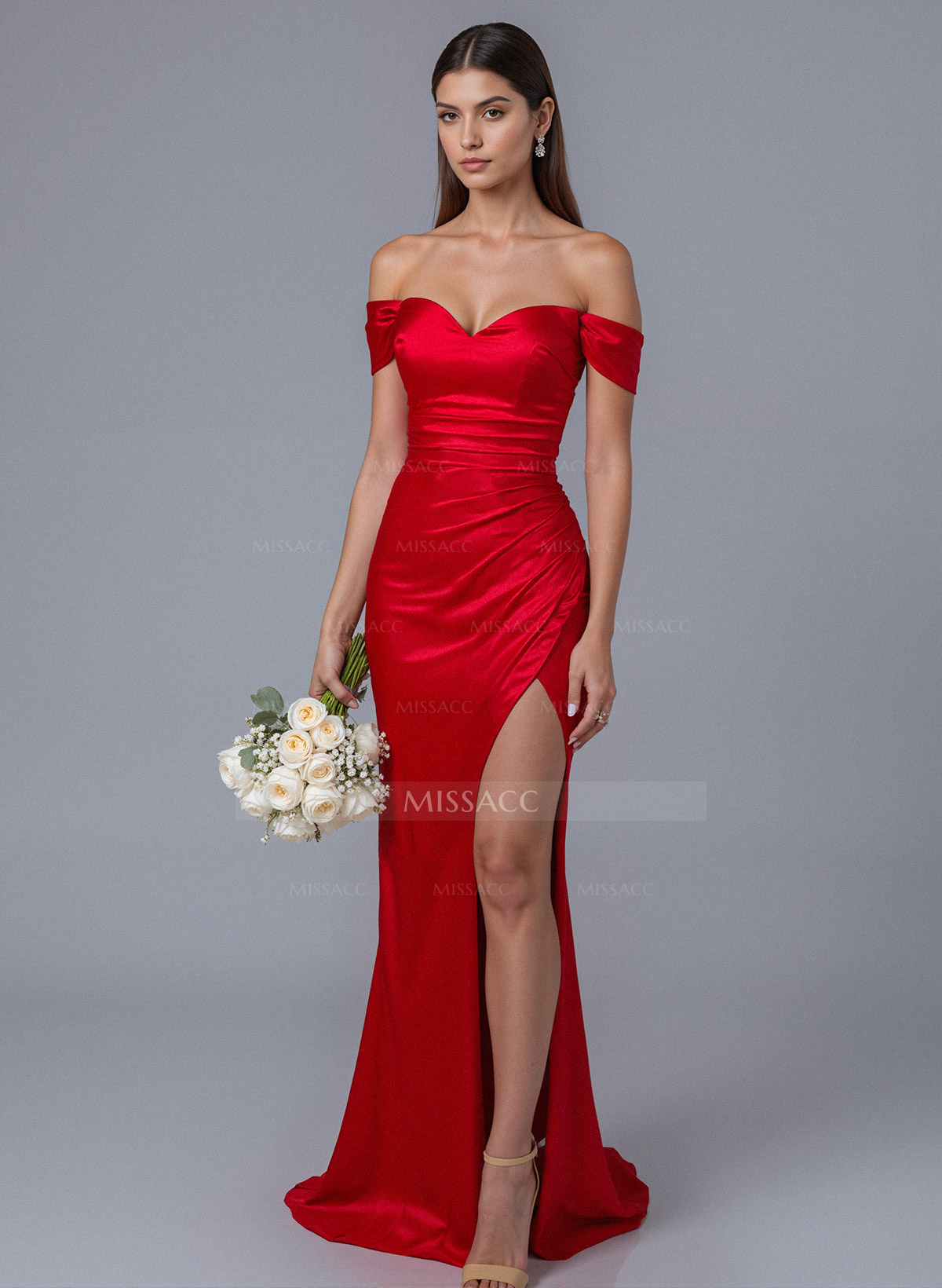 Trumpet/Mermaid Off-The-Shoulder Silk Like Satin Bridesmaid Dresses With Split Front