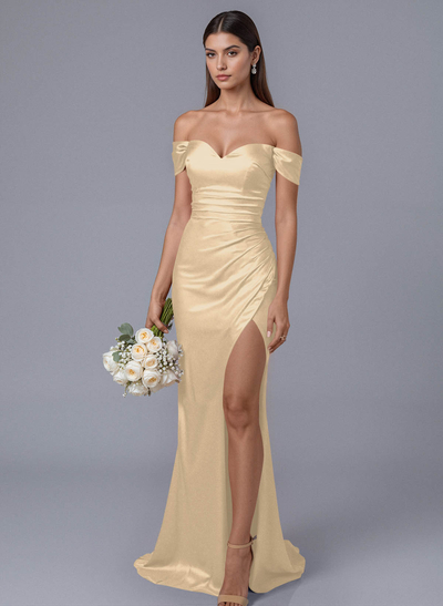 Trumpet/Mermaid Off-The-Shoulder Silk Like Satin Bridesmaid Dresses With Split Front