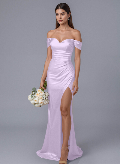 Trumpet/Mermaid Off-The-Shoulder Silk Like Satin Bridesmaid Dresses With Split Front