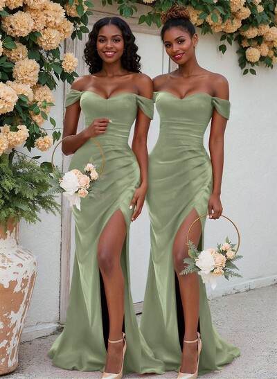 Trumpet/Mermaid Off-The-Shoulder Silk Like Satin Bridesmaid Dresses With Split Front