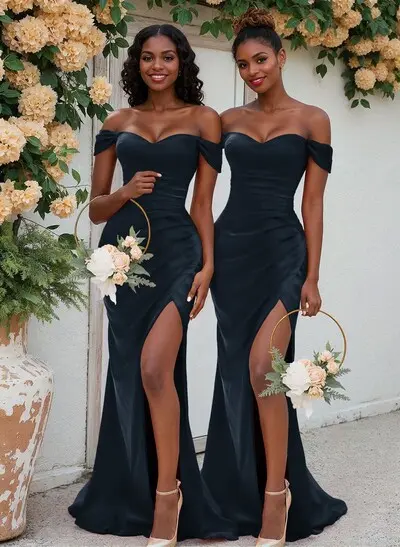 Missacc Navy Blue Bridesmaid Trumpet/Mermaid Off-The-Shoulder Silk Like Satin Bridesmaid Dresses With Split Front