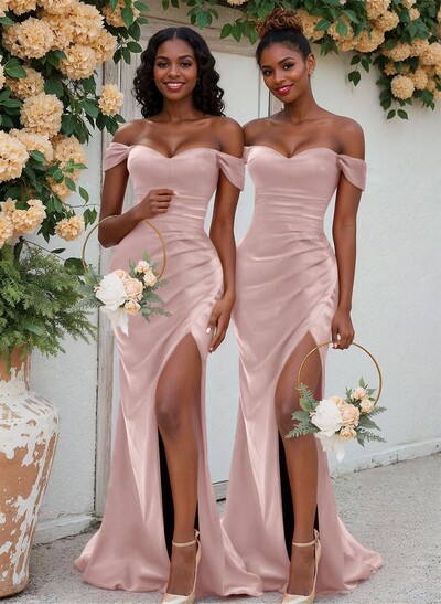 Trumpet/Mermaid Off-The-Shoulder Silk Like Satin Bridesmaid Dresses With Split Front