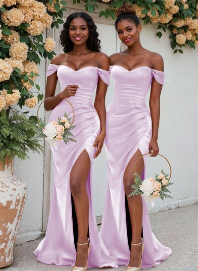 Trumpet/Mermaid Off-The-Shoulder Silk Like Satin Bridesmaid Dresses With Split Front