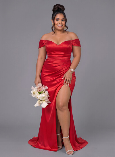 Trumpet/Mermaid Off-The-Shoulder Silk Like Satin Bridesmaid Dresses With Split Front