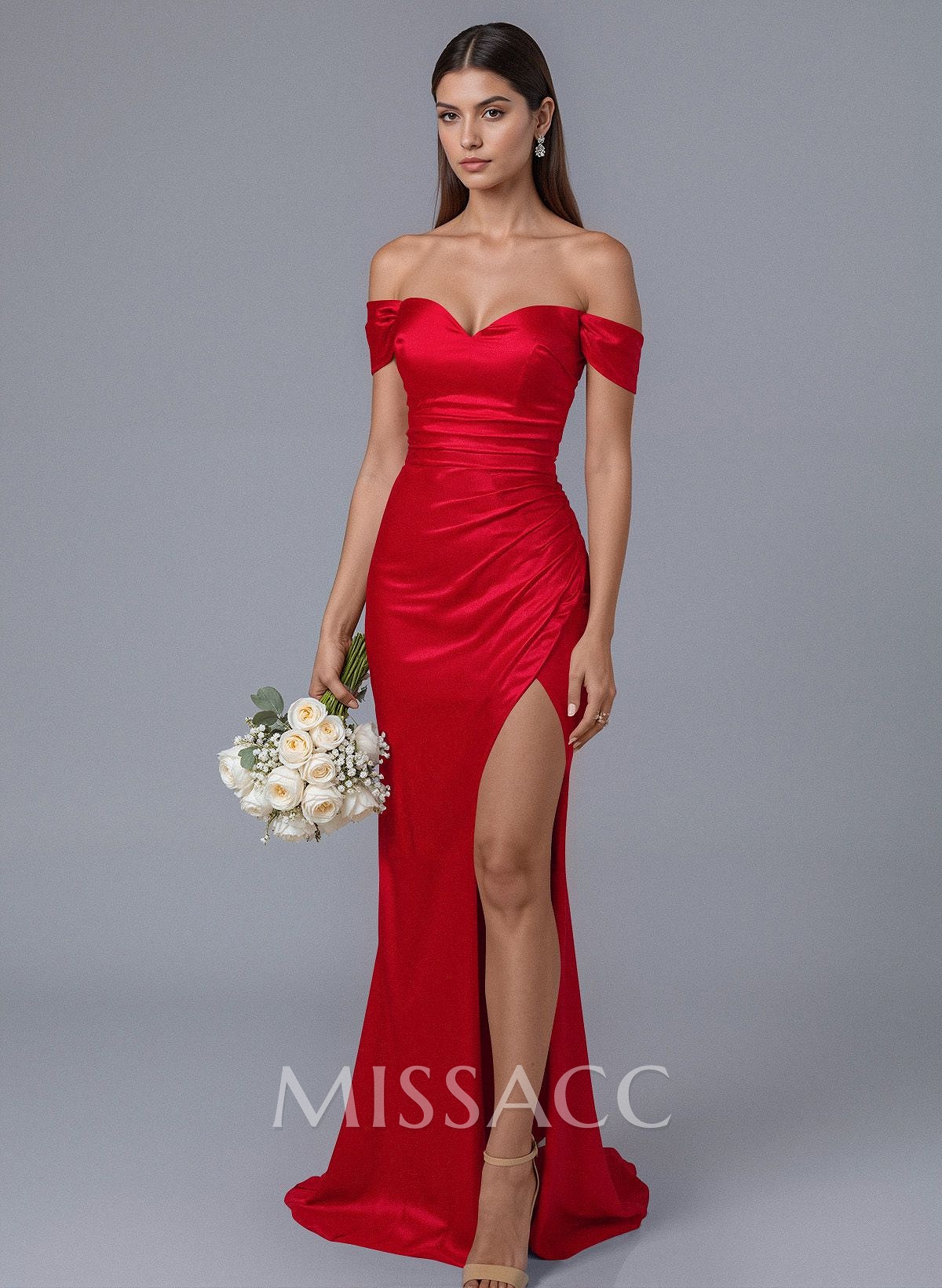 Trumpet/Mermaid Off-The-Shoulder Silk Like Satin Bridesmaid Dresses With Split Front Trumpet/Mermaid Off-The-Shoulder Silk Like Satin Bridesmaid Dresses With Split Front