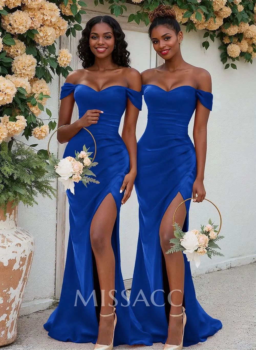 Trumpet/Mermaid Off-The-Shoulder Silk Like Satin Bridesmaid Dresses With  Split Front - Missacc