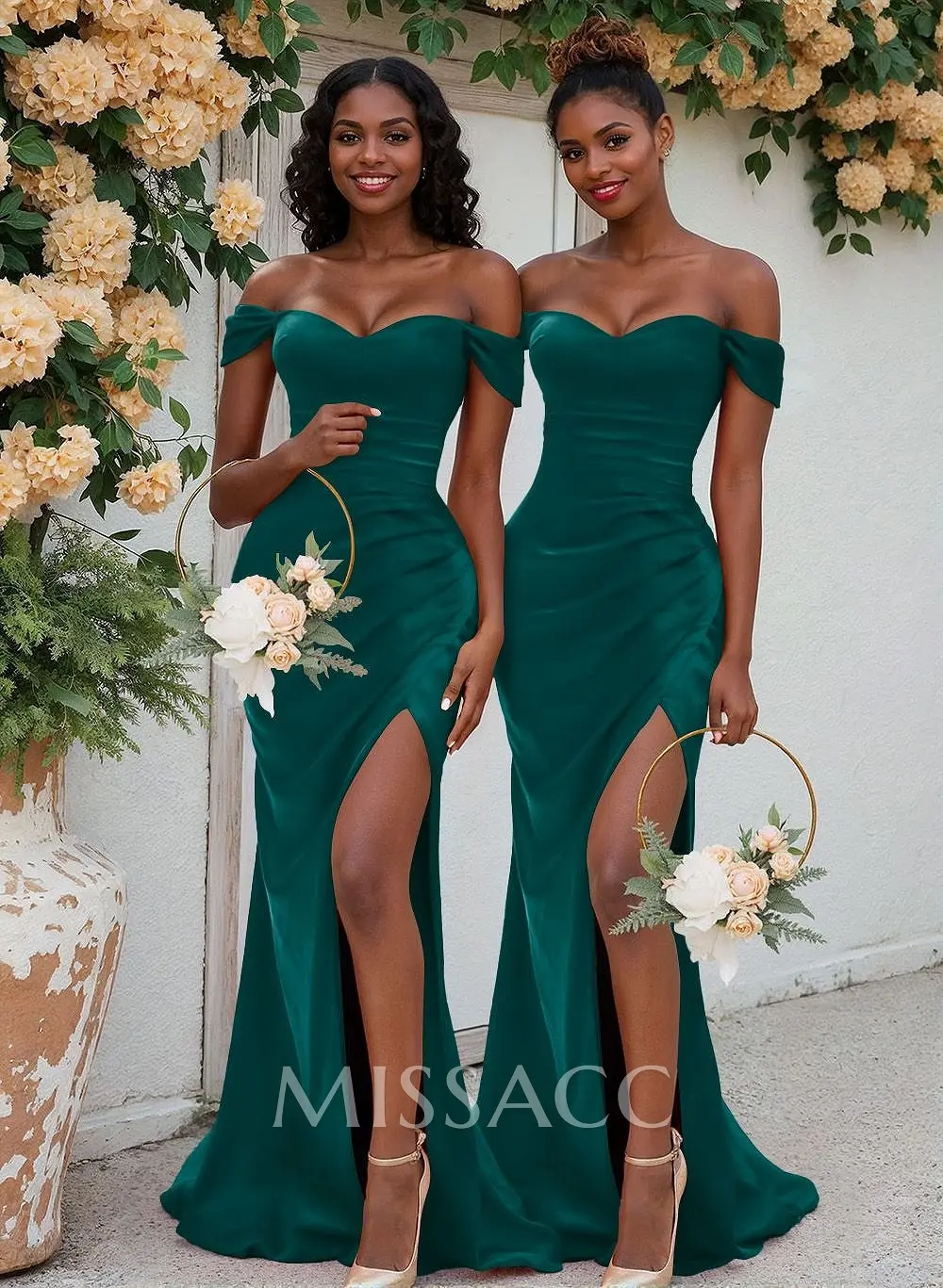 trumpet bridesmaid dresses Trumpet/Mermaid Off-The-Shoulder Silk Like Satin With Split Front Tulle