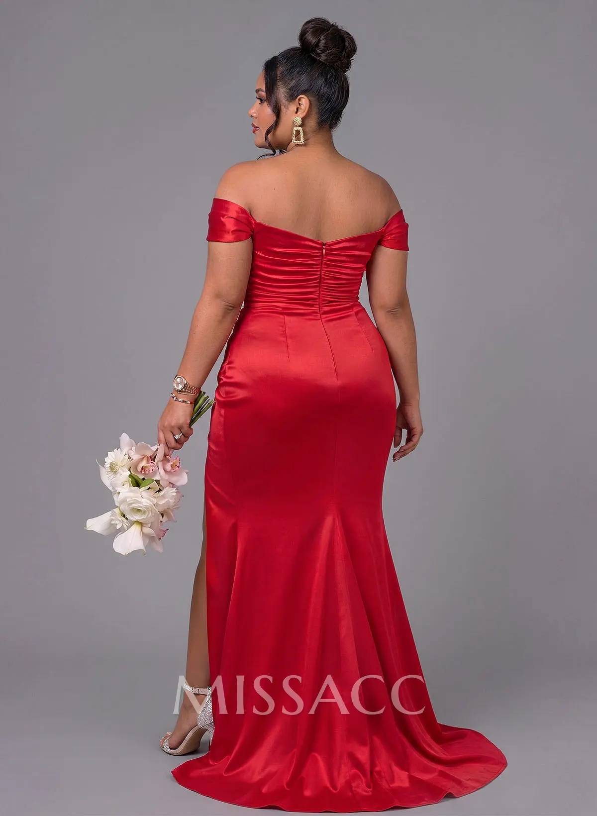 Trumpet/Mermaid Off-The-Shoulder Silk Like Satin Bridesmaid Dresses With  Split Front - Missacc