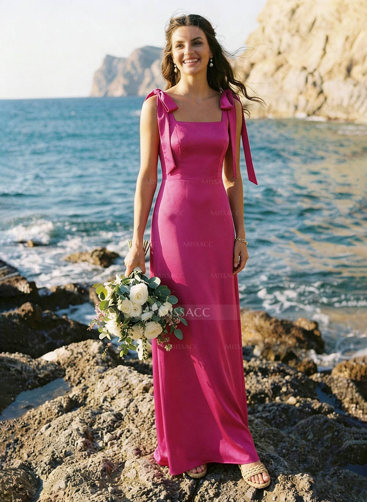 Sheath/Column Square Neckline Silk Like Satin Bridesmaid Dresses With Bow(s)