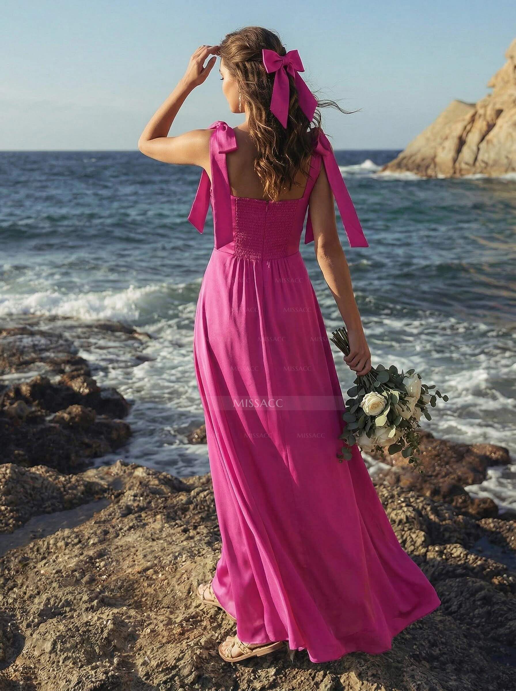 Sheath/Column Square Neckline Silk Like Satin Bridesmaid Dresses With Bow(s)