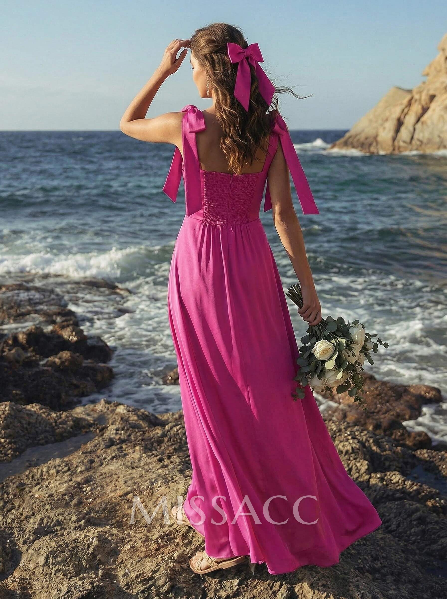Sheath/Column Square Neckline Silk Like Satin Bridesmaid Dresses With Bow(s)