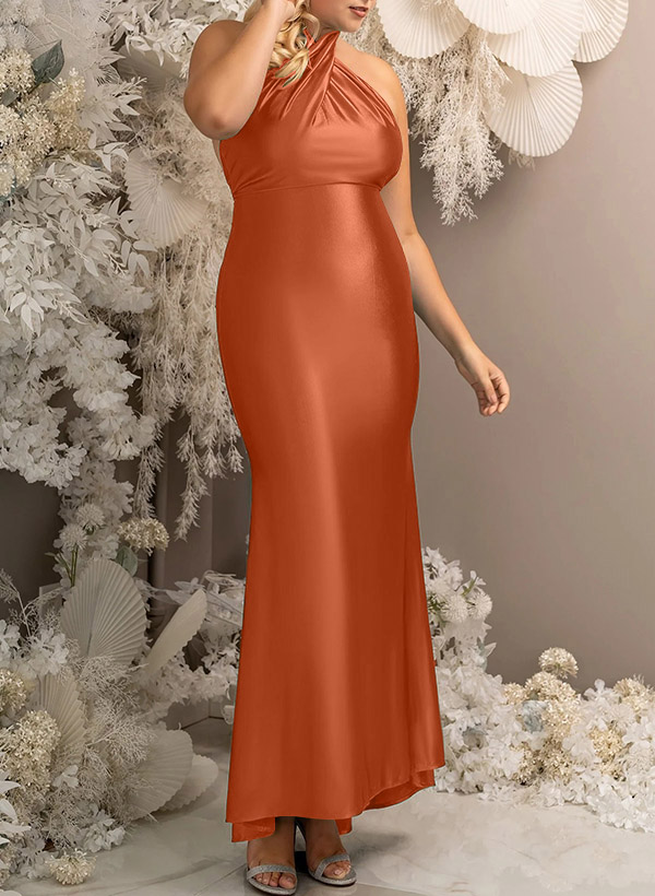 Plus Size Silk Like Satin Halter Ankle-Length Bridesmaid Dresses