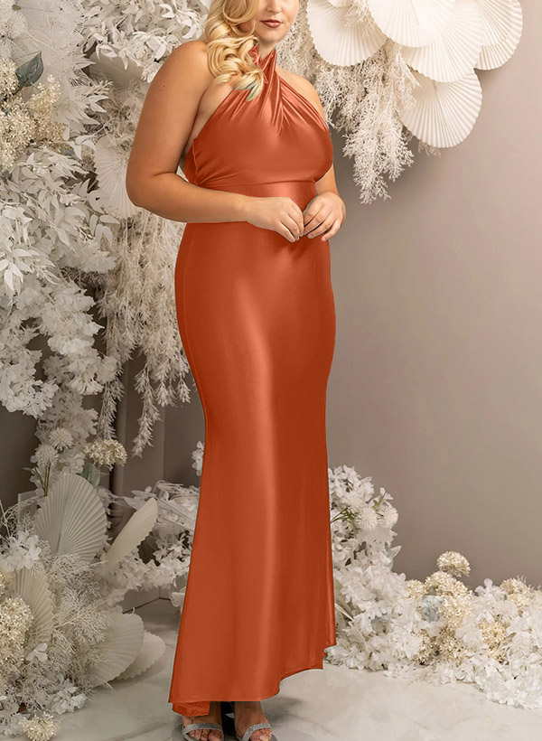 Sheath/Column Halter Sleeveless Ankle-Length Silk Like Satin Bridesmaid Dresses
