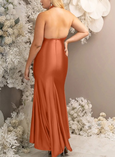 Plus Size Silk Like Satin Halter Ankle-Length Bridesmaid Dresses