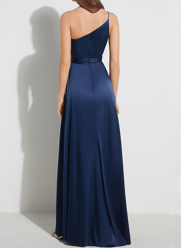 A-Line One-Shoulder Sleeveless Silk Like Satin Bridesmaid Dresses