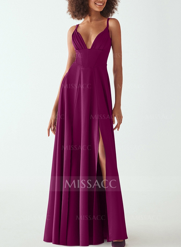 A-Line V-Neck Sleeveless Elastic Satin Bridesmaid Dresses With Split Front