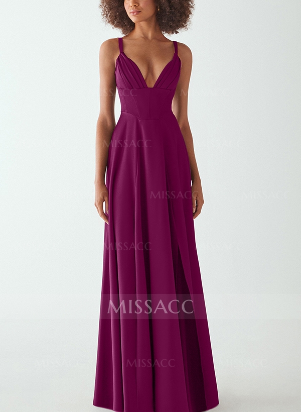 A-Line V-Neck Sleeveless Elastic Satin Bridesmaid Dresses With Split Front