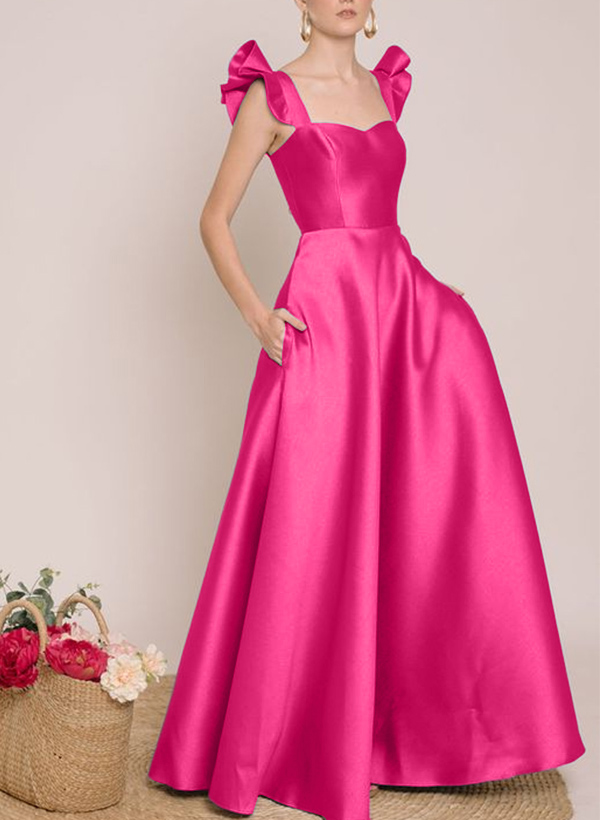 A-Line Square Neckline Sleeveless Satin Bridesmaid Dresses With Ruffle