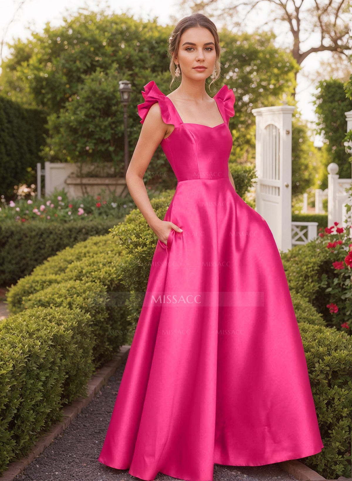 A-Line Square Neckline Sleeveless Satin Bridesmaid Dresses With Ruffle