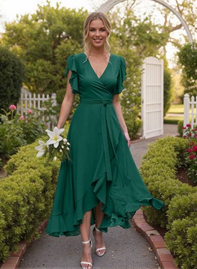 A-Line V-Neck Sleeveless Chiffon Bridesmaid Dresses With Ruffle