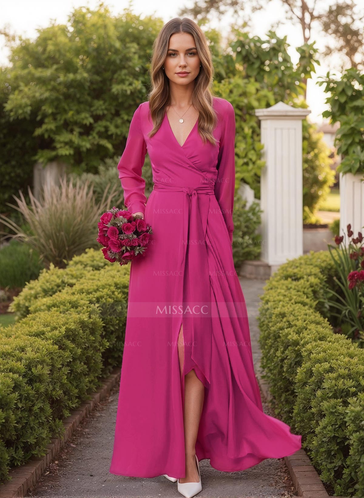 A-Line V-Neck Long Sleeves Satin Chiffon Bridesmaid Dresses With Sash