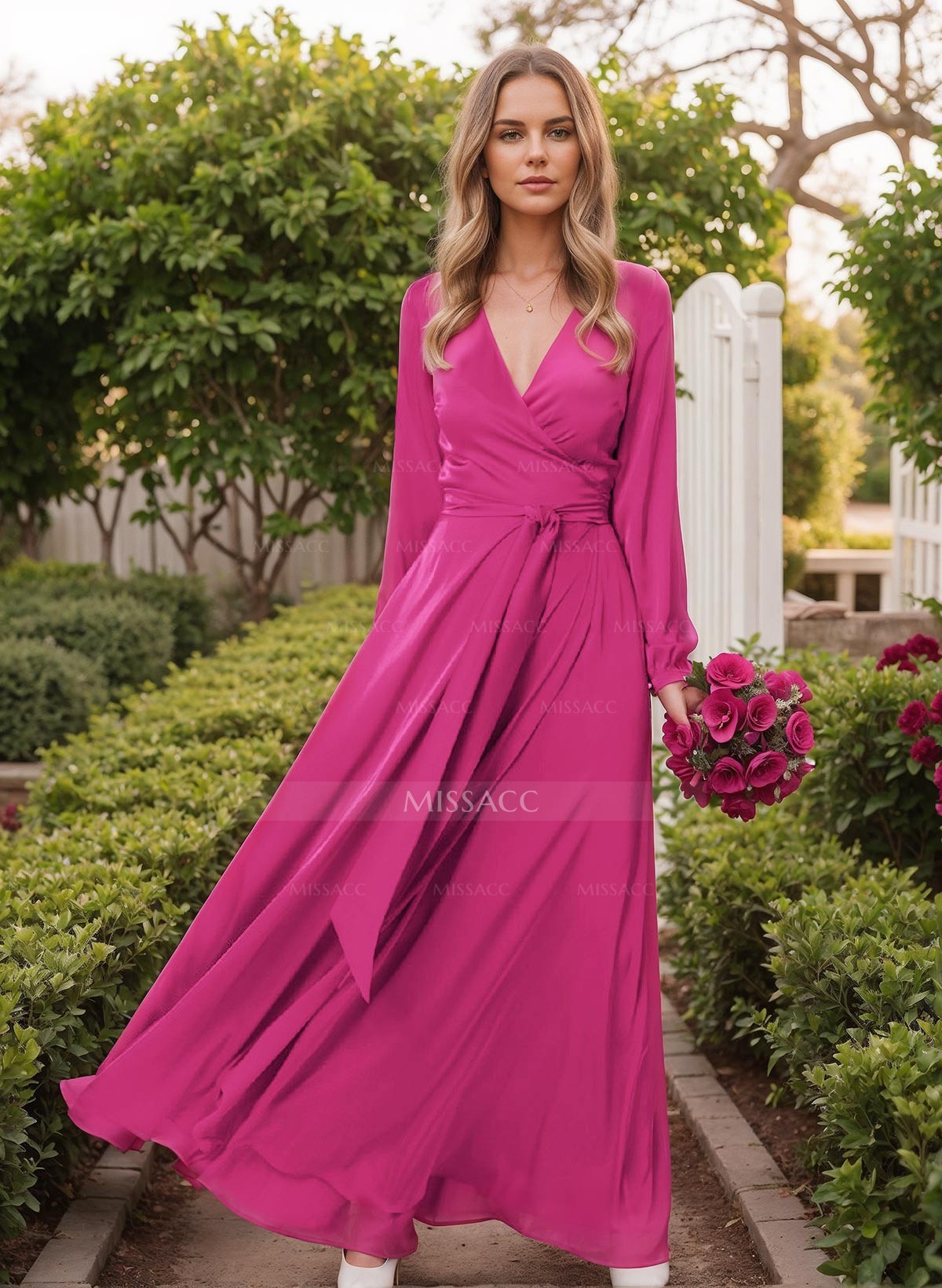 A-Line V-Neck Long Sleeves Satin Chiffon Bridesmaid Dresses With Sash